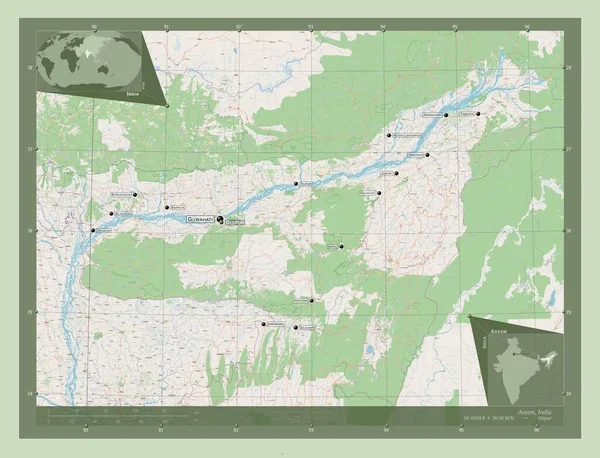 Assam, state of India. Open Street Map. Locations and names of major cities of the region. Corner auxiliary location maps