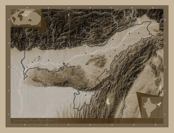 Assam, state of India. Elevation map colored in sepia tones with lakes and rivers. Locations of major cities of the region. Corner auxiliary location maps