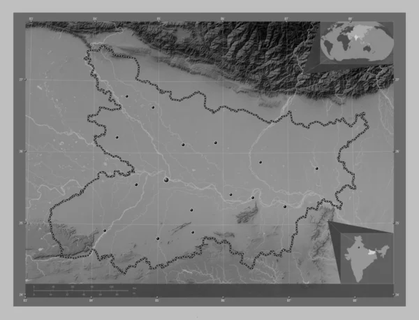 Bihar State India Grayscale Elevation Map Lakes Rivers Locations Major — Stock Photo, Image