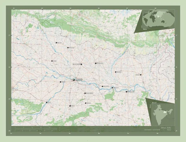 比哈尔 印度邦 开放街道地图 该区域主要城市的地点和名称 角辅助位置图 — 图库照片
