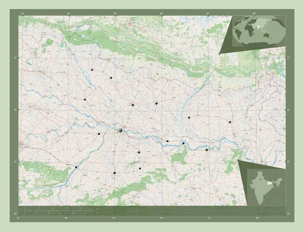 比哈尔 印度邦 开放街道地图 该区域主要城市的所在地点 角辅助位置图 — 图库照片
