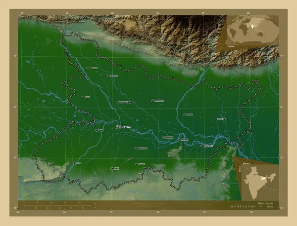 Bihar India Állam Színes Domborzati Térkép Tavakkal Folyókkal Régió Nagyvárosainak — Stock Fotó