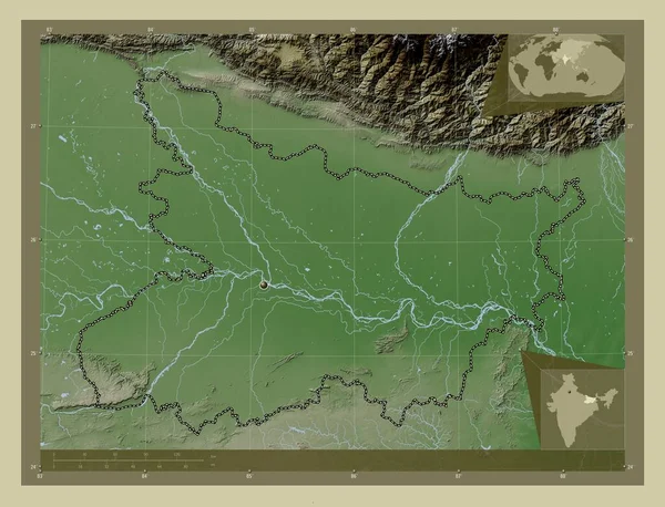 インドのビハール州 湖や川とWikiスタイルで着色された標高マップ コーナー補助位置図 — ストック写真
