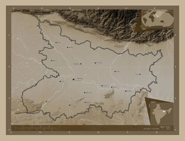 Бихар Штат Индия Карта Высоты Окрашенная Сепиевые Тона Озерами Реками — стоковое фото