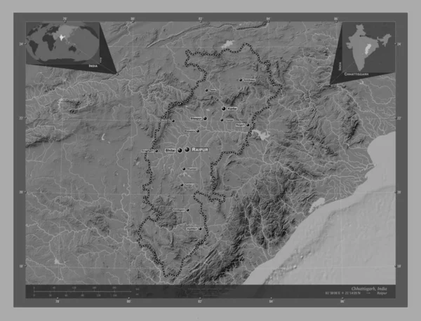 Chhattisgarh Estado India Mapa Elevación Bilevel Con Lagos Ríos Ubicaciones —  Fotos de Stock