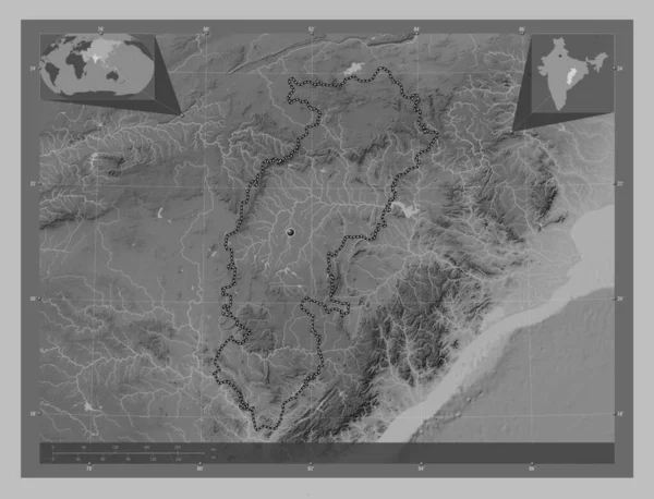Чхаттісґарх Штат Індія Граймасштабна Мапа Висот Озерами Річками Кутові Допоміжні — стокове фото