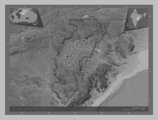 Chhattisgarh India Állam Szürkeárnyas Térkép Tavakkal Folyókkal Régió Nagyvárosainak Elhelyezkedése — Stock Fotó