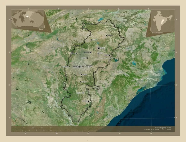 Chhattisgarh 印度邦 高分辨率卫星地图 该区域主要城市的地点和名称 角辅助位置图 — 图库照片