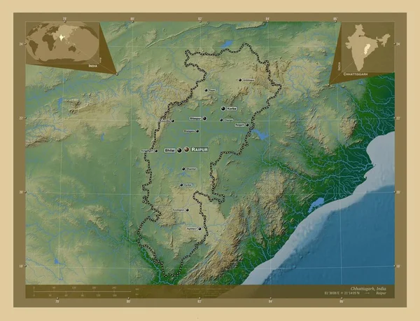Chhattisgarh Hindistan Eyaleti Gölleri Nehirleri Olan Renkli Yükseklik Haritası Bölgenin — Stok fotoğraf