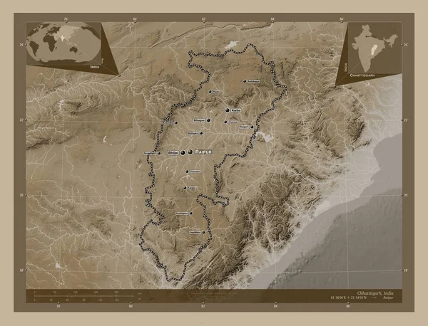 Chhattisgarh Stan Indie Mapa Elewacji Kolorowe Sepia Dźwięki Jeziorami Rzekami — Zdjęcie stockowe