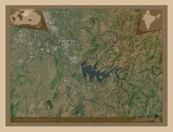 ダドラとナガル ハヴェリ インド連邦の領土 低解像度衛星地図 地域の主要都市の位置と名前 コーナー補助位置図 — ストック写真