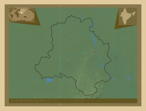 デリーの首都地域 インドの労働組合の領土 湖や川と色の標高マップ 地域の主要都市の場所 コーナー補助位置図 — ストック写真