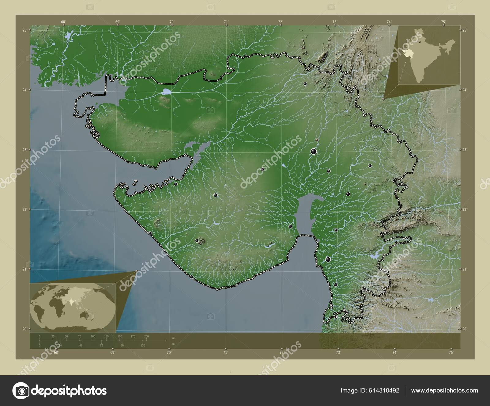 Gujarat State India Elevation Map Colored Wiki Style Lakes Rivers Stock