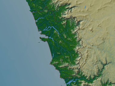 Goa, Hindistan eyaleti. Gölleri ve nehirleri olan renkli yükseklik haritası
