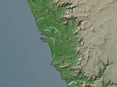 Goa, Hindistan eyaleti. Yükseklik haritası göller ve nehirlerle wiki stilinde renklendirilmiştir