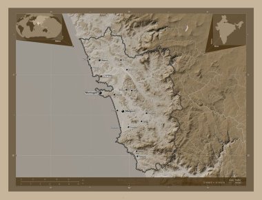 Goa, Hindistan eyaleti. Yükseklik haritası sepya tonlarında göller ve nehirlerle renklendirilmiş. Bölgenin büyük şehirlerinin yerleri ve isimleri. Köşedeki yedek konum haritaları