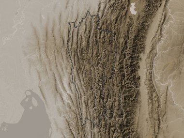 Mizoram, Hindistan Eyaleti. Yükseklik haritası sepya tonlarında göller ve nehirlerle renklendirilmiş