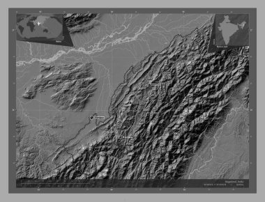 Nagaland, Hindistan Eyaleti. Göllü ve nehirli çift katlı yükseklik haritası. Bölgenin büyük şehirlerinin yerleri ve isimleri. Köşedeki yedek konum haritaları
