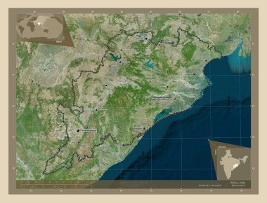 Odisha, Hindistan Eyaleti. Yüksek çözünürlüklü uydu. Bölgenin büyük şehirlerinin yerleri ve isimleri. Köşedeki yedek konum haritaları