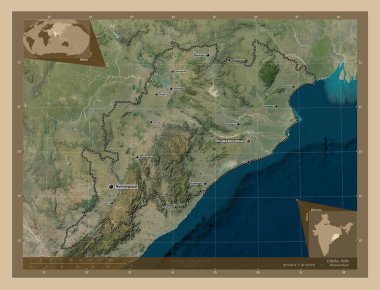 Odisha, Hindistan Eyaleti. Düşük çözünürlüklü uydu. Bölgenin büyük şehirlerinin yerleri ve isimleri. Köşedeki yedek konum haritaları