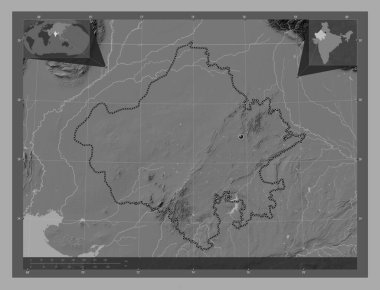 Rajasthan, Hindistan Eyaleti. Göllü ve nehirli çift katlı yükseklik haritası. Köşedeki yedek konum haritaları
