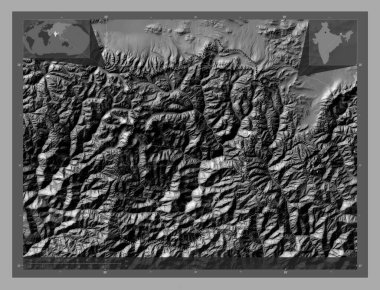 Sikkim, Hindistan Eyaleti. Göllü ve nehirli çift katlı yükseklik haritası. Köşedeki yedek konum haritaları
