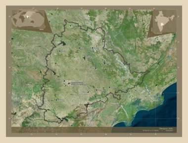 Telangana, Hindistan Eyaleti. Yüksek çözünürlüklü uydu. Bölgenin büyük şehirlerinin yerleri ve isimleri. Köşedeki yedek konum haritaları