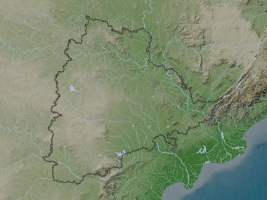 Telangana, Hindistan Eyaleti. Yükseklik haritası göller ve nehirlerle wiki stilinde renklendirilmiştir