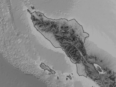 Aceh, Endonezya 'nın özerk bölgesi. Gölleri ve nehirleri olan gri tonlama yükseklik haritası