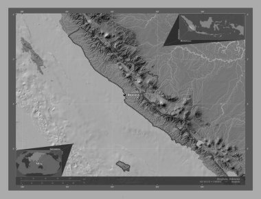 Bengkulu, Endonezya vilayeti. Göllü ve nehirli çift katlı yükseklik haritası. Bölgenin büyük şehirlerinin yerleri ve isimleri. Köşedeki yedek konum haritaları