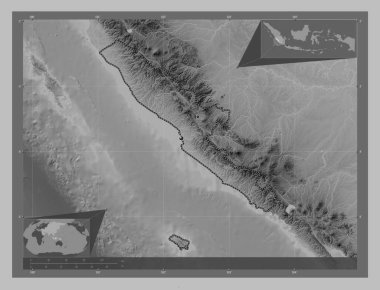 Bengkulu, Endonezya vilayeti. Gölleri ve nehirleri olan gri tonlama yükseklik haritası. Bölgenin büyük şehirlerinin yerleri. Köşedeki yedek konum haritaları