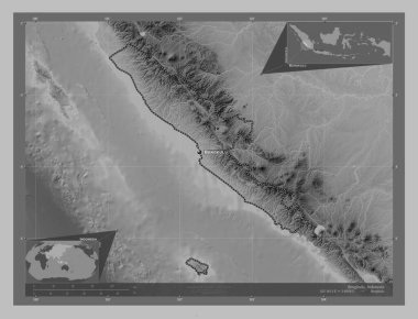 Bengkulu, Endonezya vilayeti. Gölleri ve nehirleri olan gri tonlama yükseklik haritası. Bölgenin büyük şehirlerinin yerleri ve isimleri. Köşedeki yedek konum haritaları