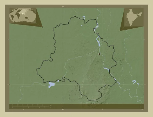 国家首都德里 印度的中央直辖区 用Wiki风格绘制的带有湖泊和河流的高程地图 角辅助位置图 — 图库照片