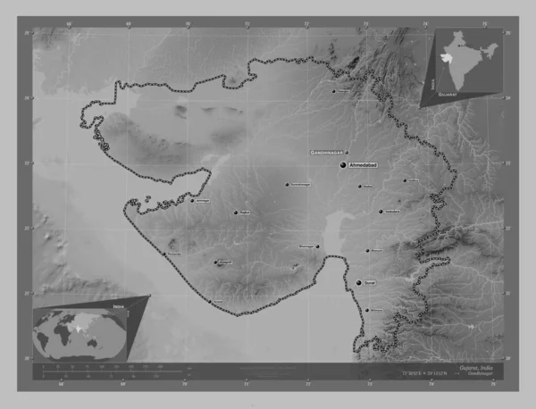 Gujarat Delstaten Indien Grayscale Höjdkarta Med Sjöar Och Floder Platser — Stockfoto
