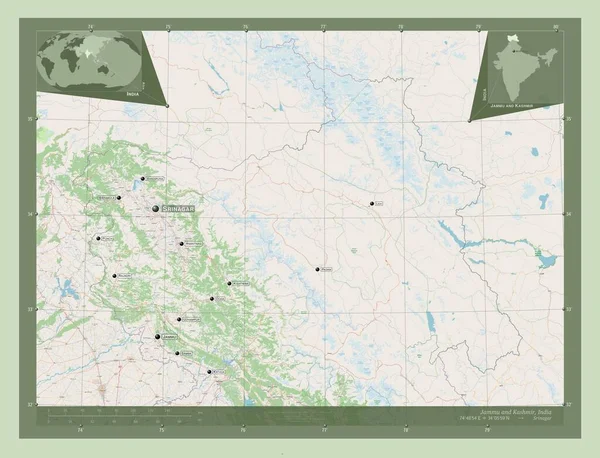 インドのジャム カシミール州 ストリートマップを開く 地域の主要都市の位置と名前 コーナー補助位置図 — ストック写真