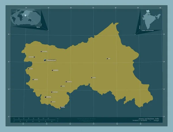 인도의 잠무와 카슈미르입니다 색깔의 지역의 도시들의 위치와 Corner Auxiliary Location — 스톡 사진