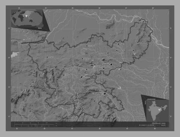 ジャールカンド インドの州 湖や川と二階の標高マップ 地域の主要都市の位置と名前 コーナー補助位置図 — ストック写真