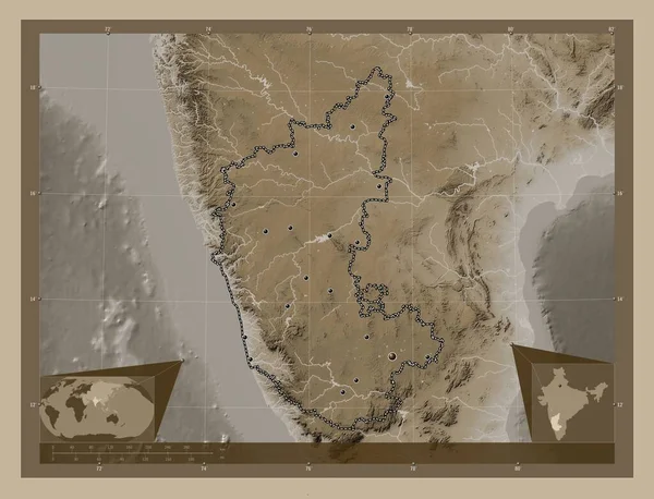 Karnataka Estado India Mapa Elevación Coloreado Tonos Sepia Con Lagos —  Fotos de Stock