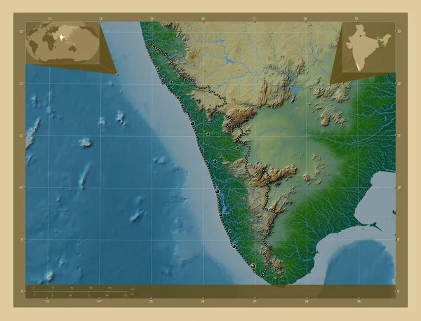 Kerala Stan Indie Kolorowa Mapa Wzniesień Jeziorami Rzekami Lokalizacje Dużych — Zdjęcie stockowe
