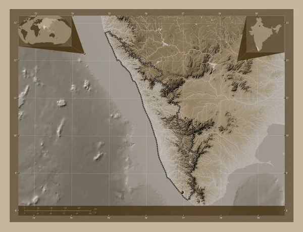 Kerala India Állam Magassági Térkép Színes Szépia Tónusok Folyók Saroktérképek — Stock Fotó