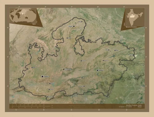 Madhya Pradesh, state of India. Low resolution satellite map. Locations and names of major cities of the region. Corner auxiliary location maps