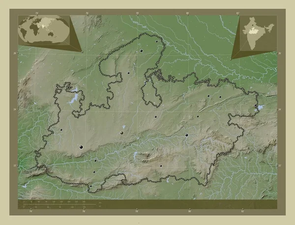 Madhya Pradesh, state of India. Elevation map colored in wiki style with lakes and rivers. Locations of major cities of the region. Corner auxiliary location maps