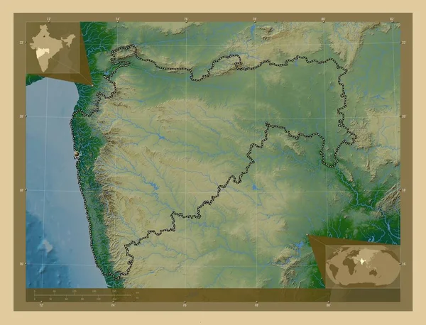 Махараштра Штат Індія Кольорові Карти Висот Озерами Річками Кутові Допоміжні — стокове фото