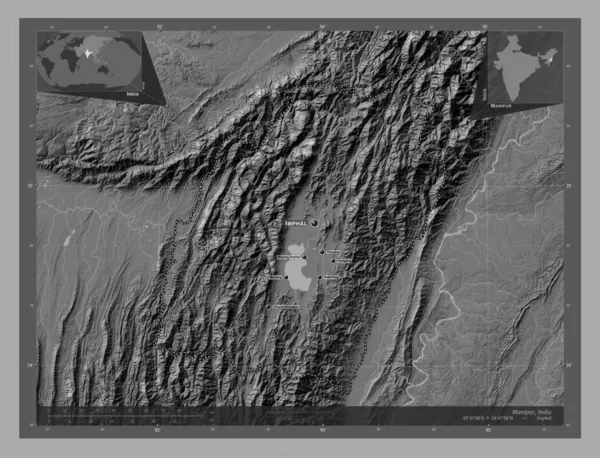 Manipur, state of India. Bilevel elevation map with lakes and rivers. Locations and names of major cities of the region. Corner auxiliary location maps