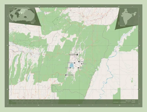 Manipur, state of India. Open Street Map. Locations and names of major cities of the region. Corner auxiliary location maps