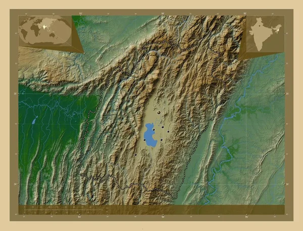 Manipur, state of India. Colored elevation map with lakes and rivers. Locations of major cities of the region. Corner auxiliary location maps