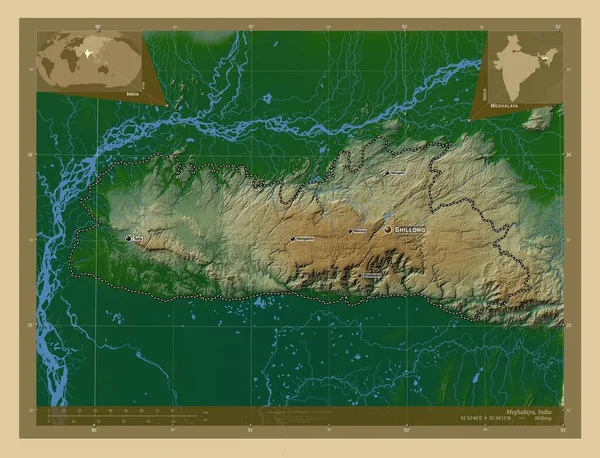 インドのメガラヤ州 湖や川と色の標高マップ 地域の主要都市の位置と名前 コーナー補助位置図 — ストック写真