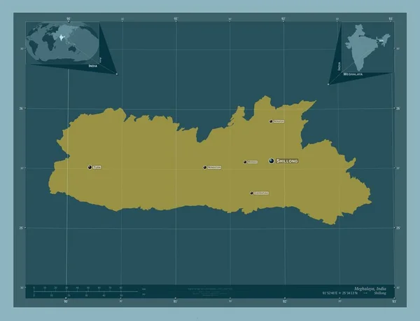 インドのメガラヤ州 しっかりした色の形 地域の主要都市の位置と名前 コーナー補助位置図 — ストック写真