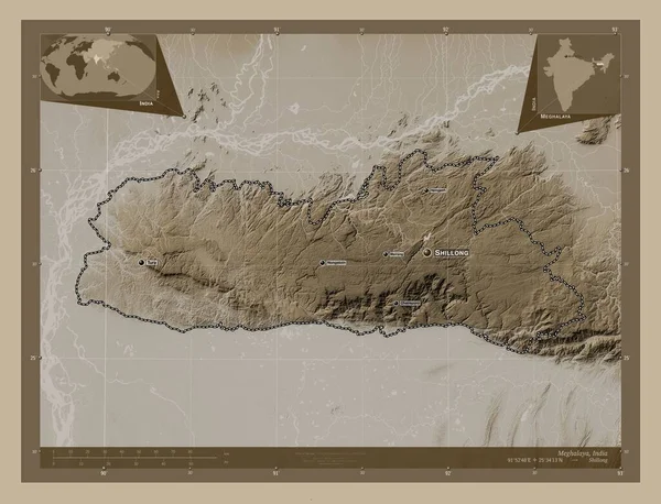 Meghalaya Estado India Mapa Elevación Coloreado Tonos Sepia Con Lagos —  Fotos de Stock