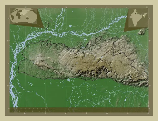 Meghalaya 印度邦 用Wiki风格绘制的带有湖泊和河流的高程地图 该区域主要城市的所在地点 角辅助位置图 — 图库照片